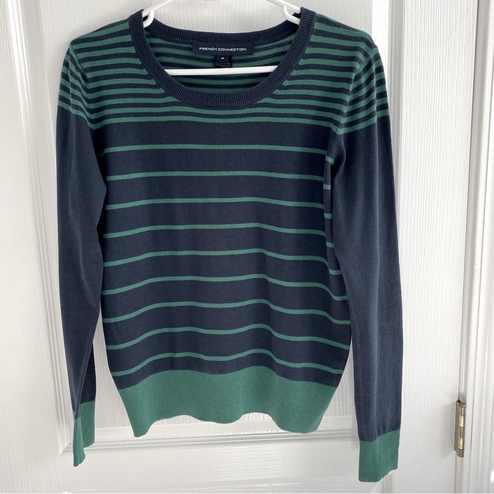 French Connection Sweater Lightweight Crewneck Green Navy Stripes, Size M